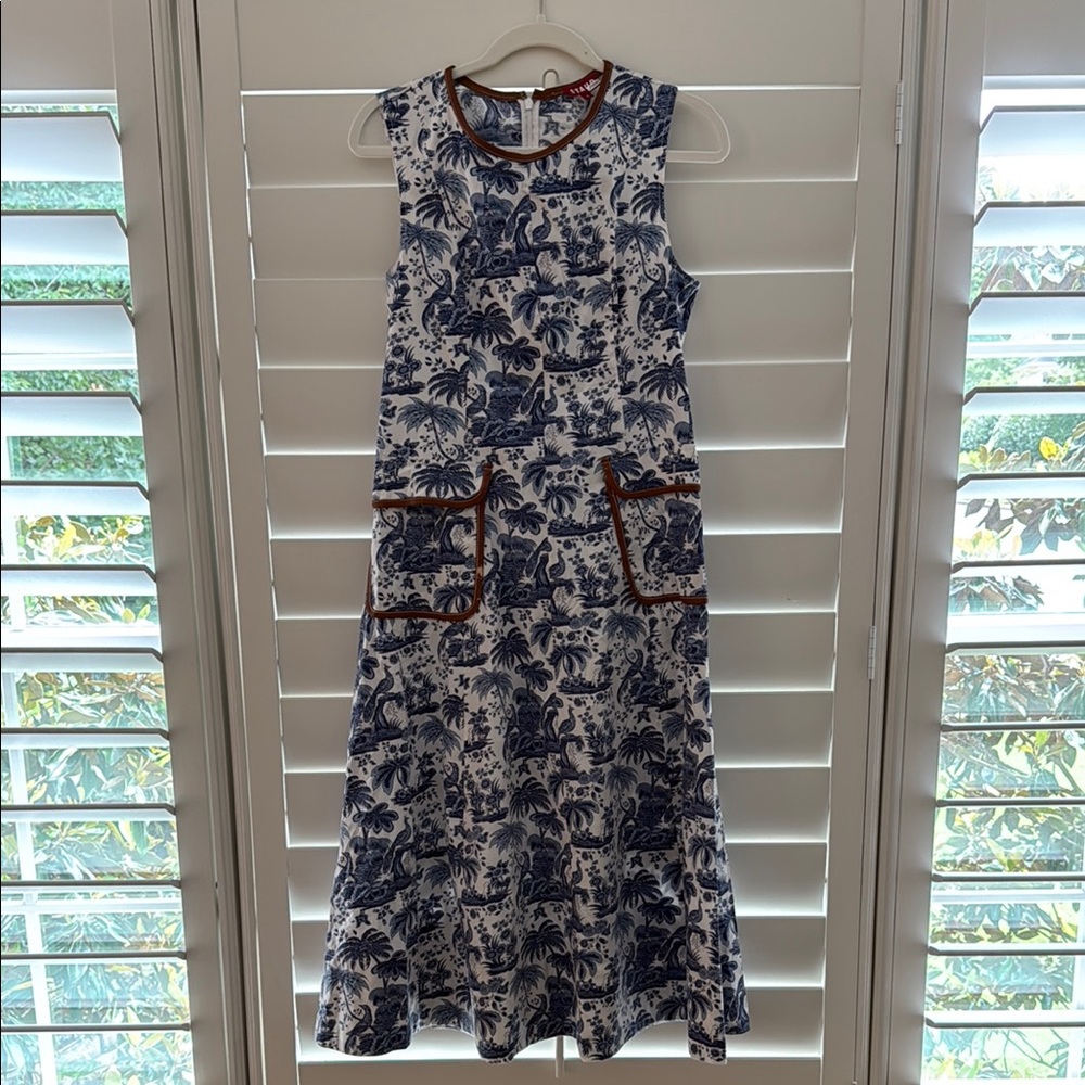 STAUD Blue and White Sleeveless Midi Sundress
